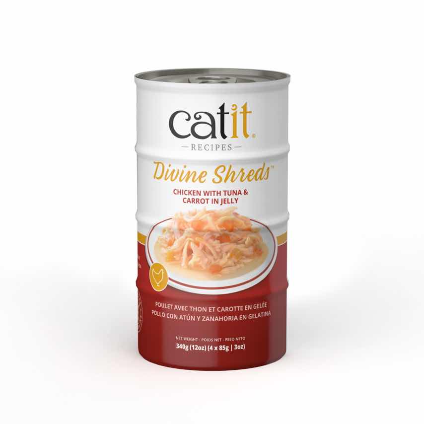 Garnitures Catit Divine Shreds en gelée, Poulet avec thon et carotte, paquet de 4 pour chat