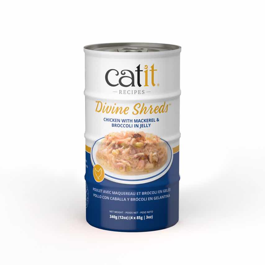 Garnitures Catit Divine Shreds en gelée, Poulet avec maquereau et brocoli, paquet de 4 pour chat