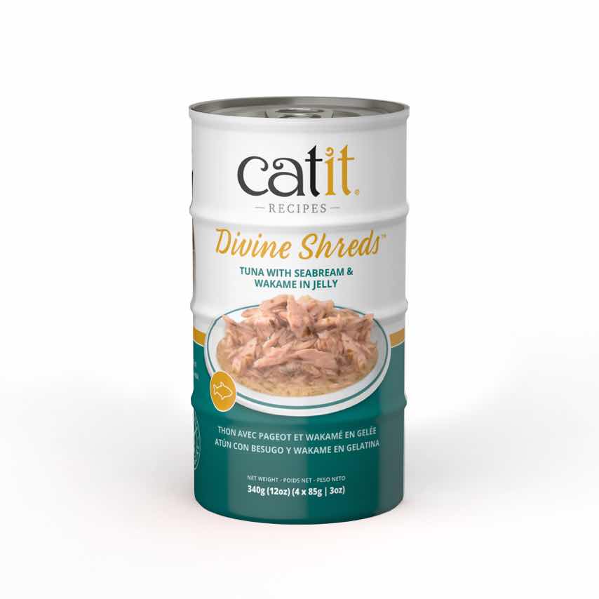 Garnitures Catit Divine Shreds en gelée, Thon avec pageot et wakamé, paquet de 4 pour chat