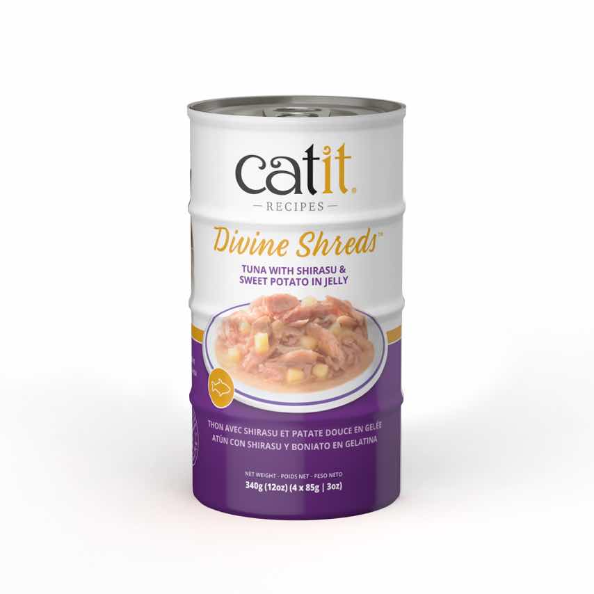 Garnitures Catit Divine Shreds en gelée, Thon avec shirasu et patate douce, paquet de 4 pour chat