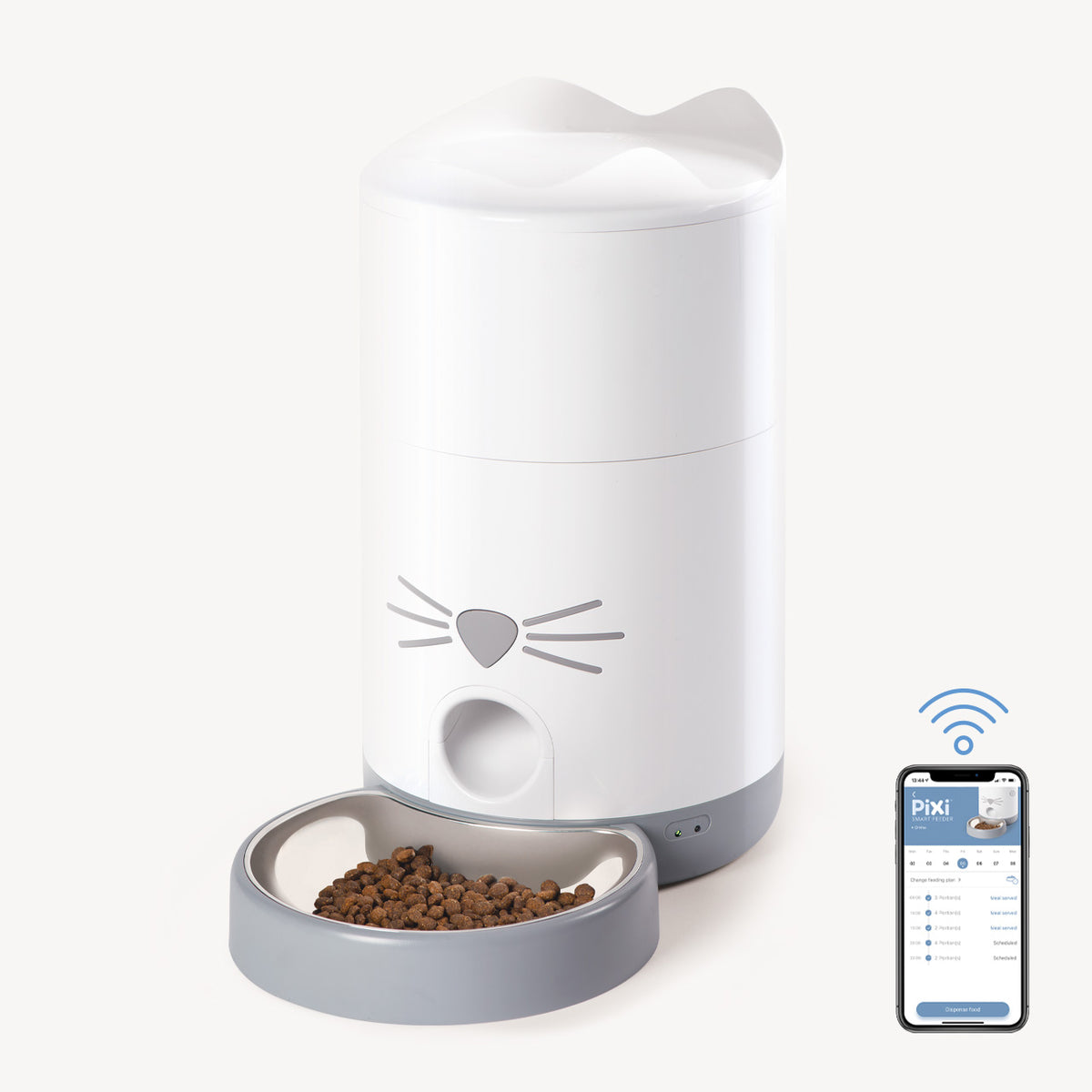 Distributeur intelligent Catit PIXI, blanc avec bol en acier inoxydable pour chat