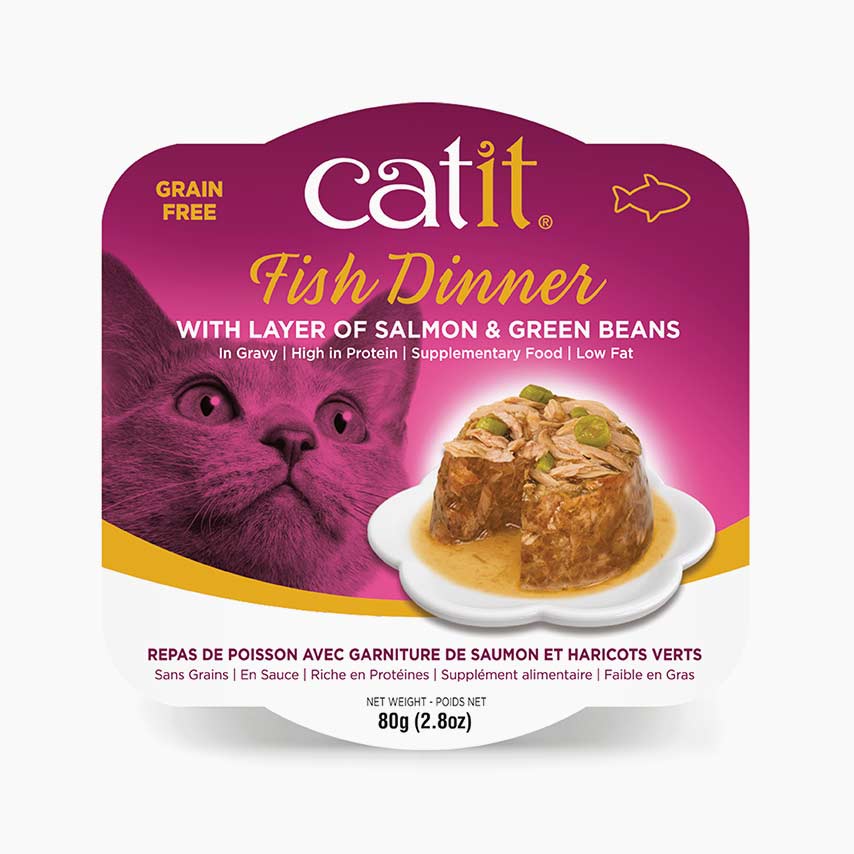 Repas de poisson Catit avec saumon et haricots verts pour chat