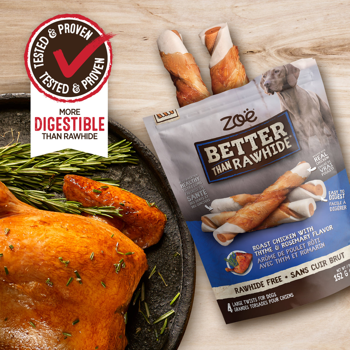 Zoë Gâteries Better Than Rawhide Pour Chien, Torsades Grandes, Arôme de Poulet avec Romarin et Thym
