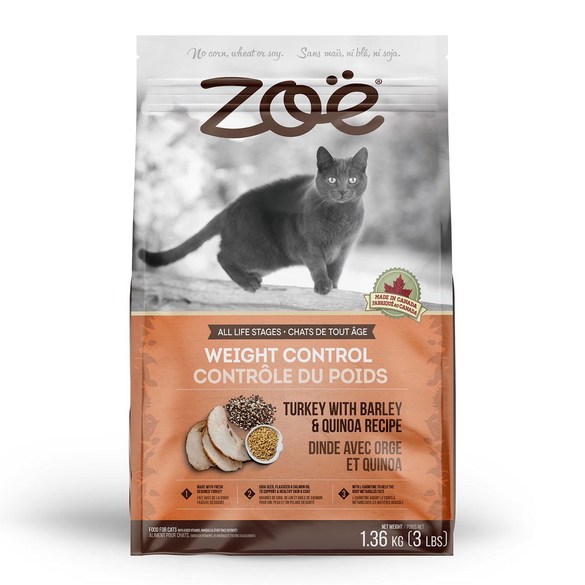 Zoë Nourriture pour Chats, Contrôle du Poids, Dinde avec Orge et Quinoa