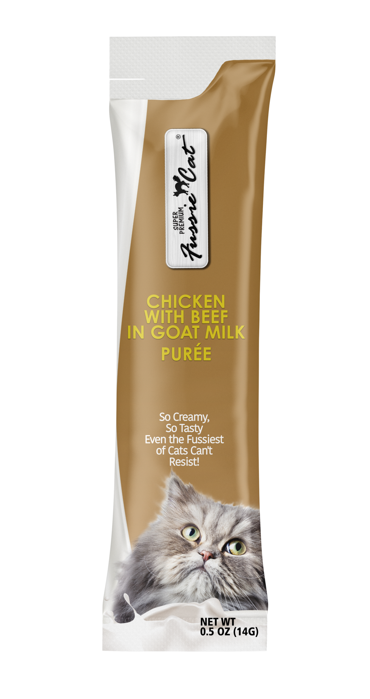 Fussie Cat Super Premium Poulet avec Boeuf au Lait de Chèvre Purée 4 Tubes pour chat