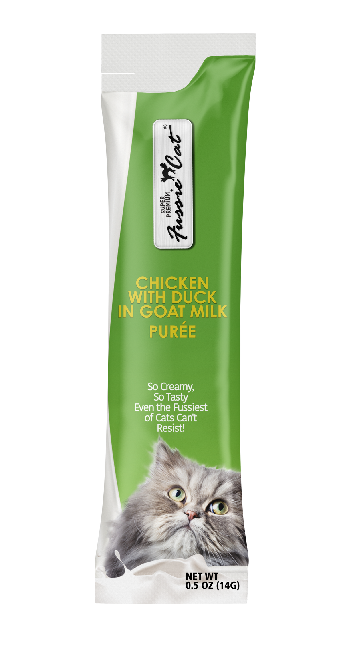 Fussie Cat Super Premium Poulet avec Canard au Lait de Chèvre Purée 4 Tubes pour chat