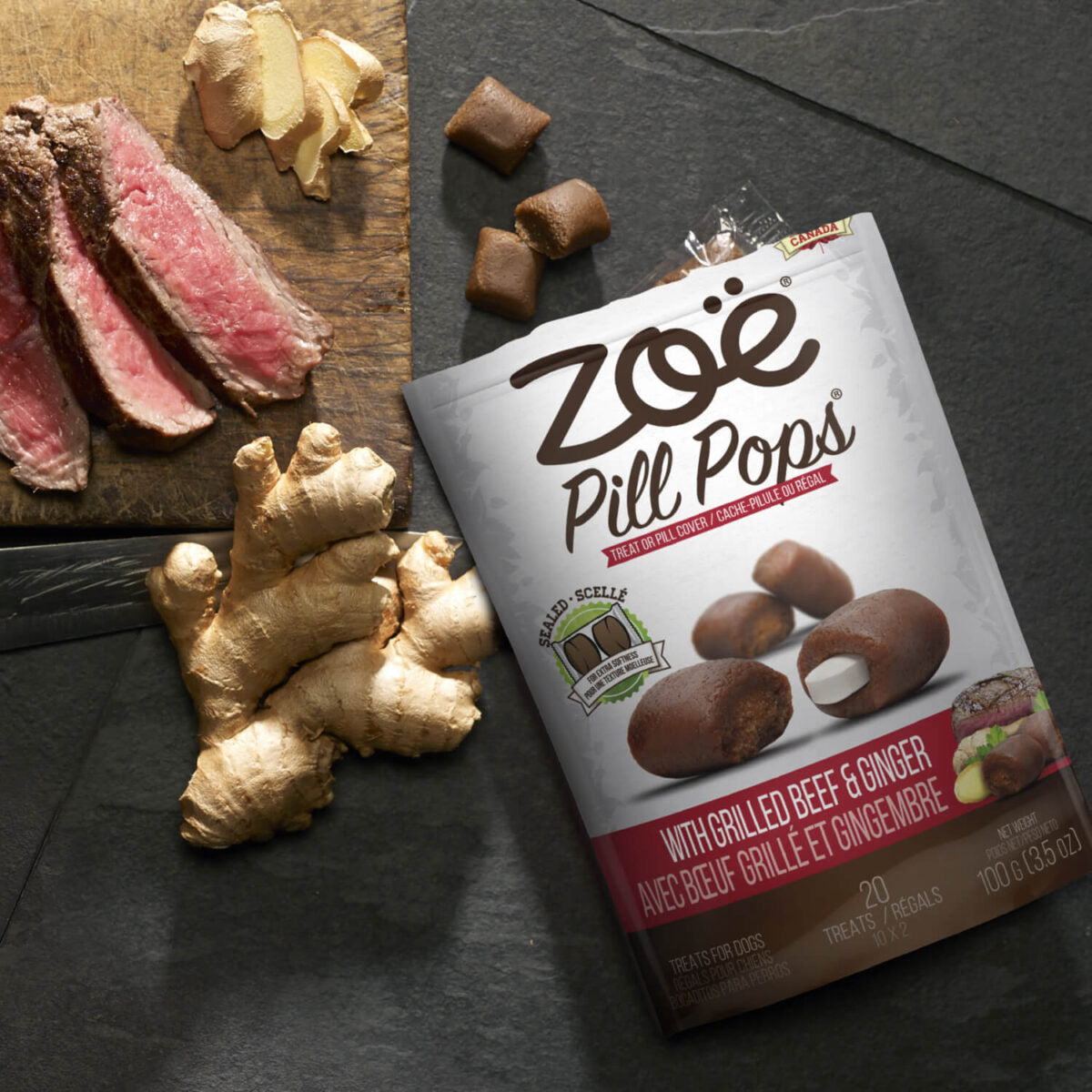 Zoë Gâteries Pill Pops Pour Chien, Bœuf Grillé avec Gingembre