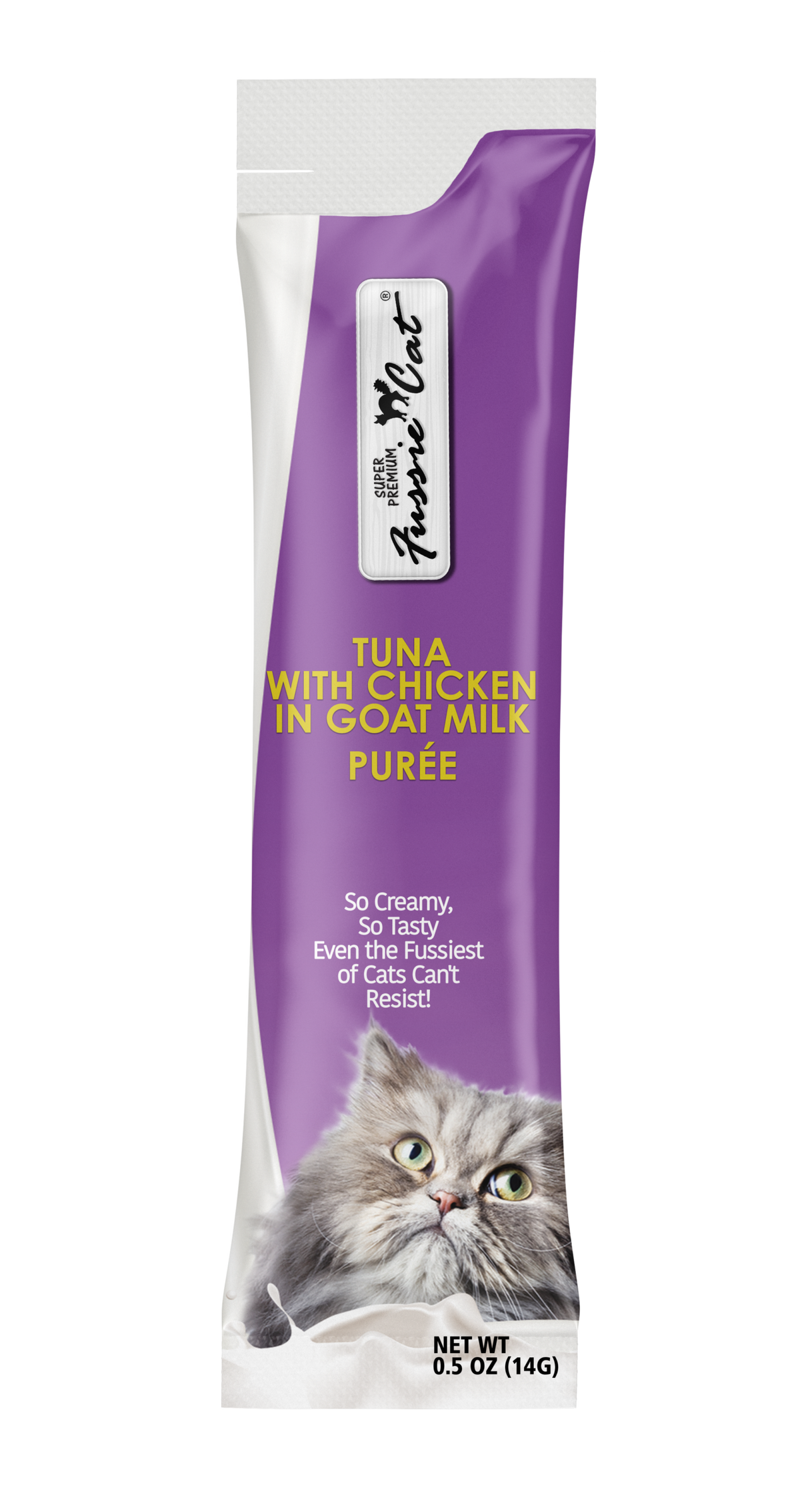 Fussie Cat Super Premium Thon avec Poulet au Lait de Chèvre Purée 4 Tubes pour chat