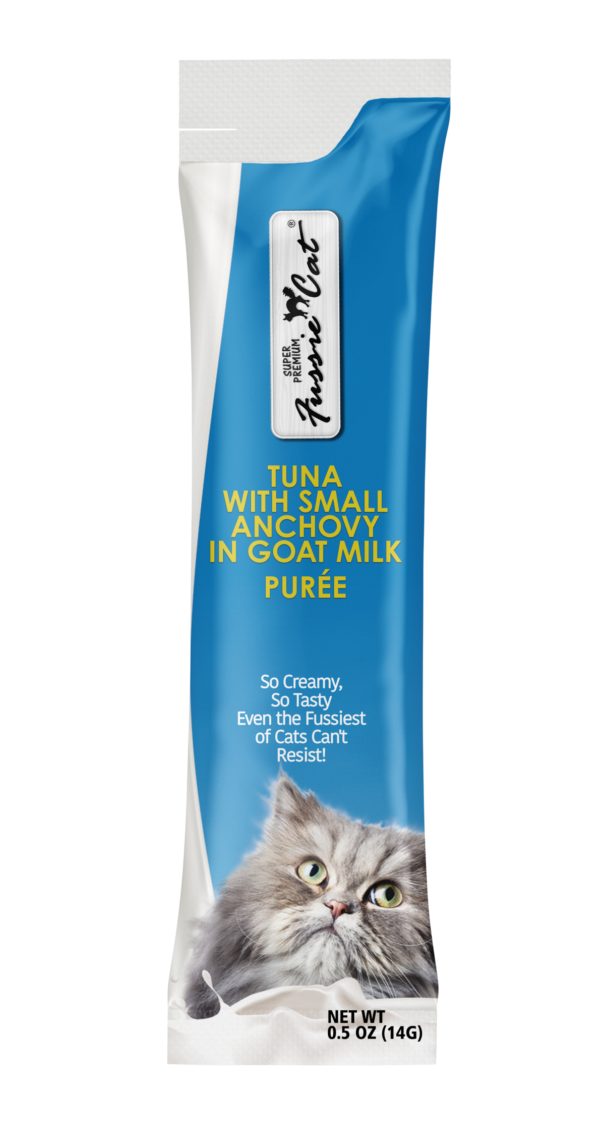 Fussie Cat Super Premium Thon avec Petits Anchois au Lait de Chèvre Purée 4 Tubes pour chat