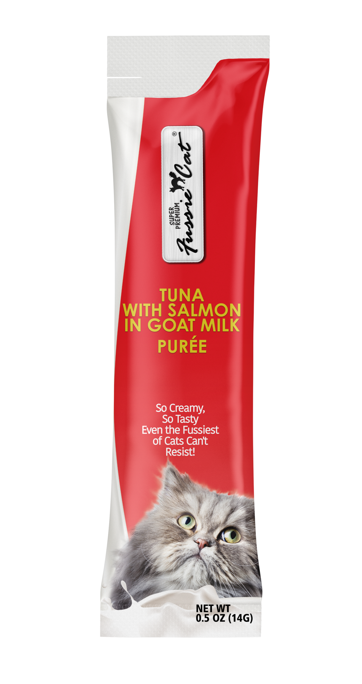 Fussie Cat Super Premium Thon avec Saumon au Lait de Chèvre Purée 4 Tubes pour chat