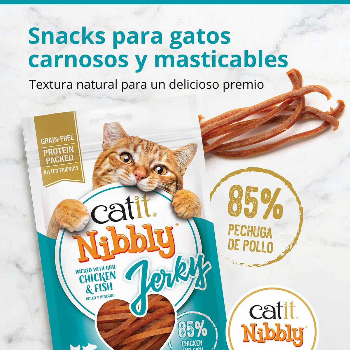 Gâteries Catit Nibbly Jerky, Charquis tendres, Poulet et poisson pour chat
