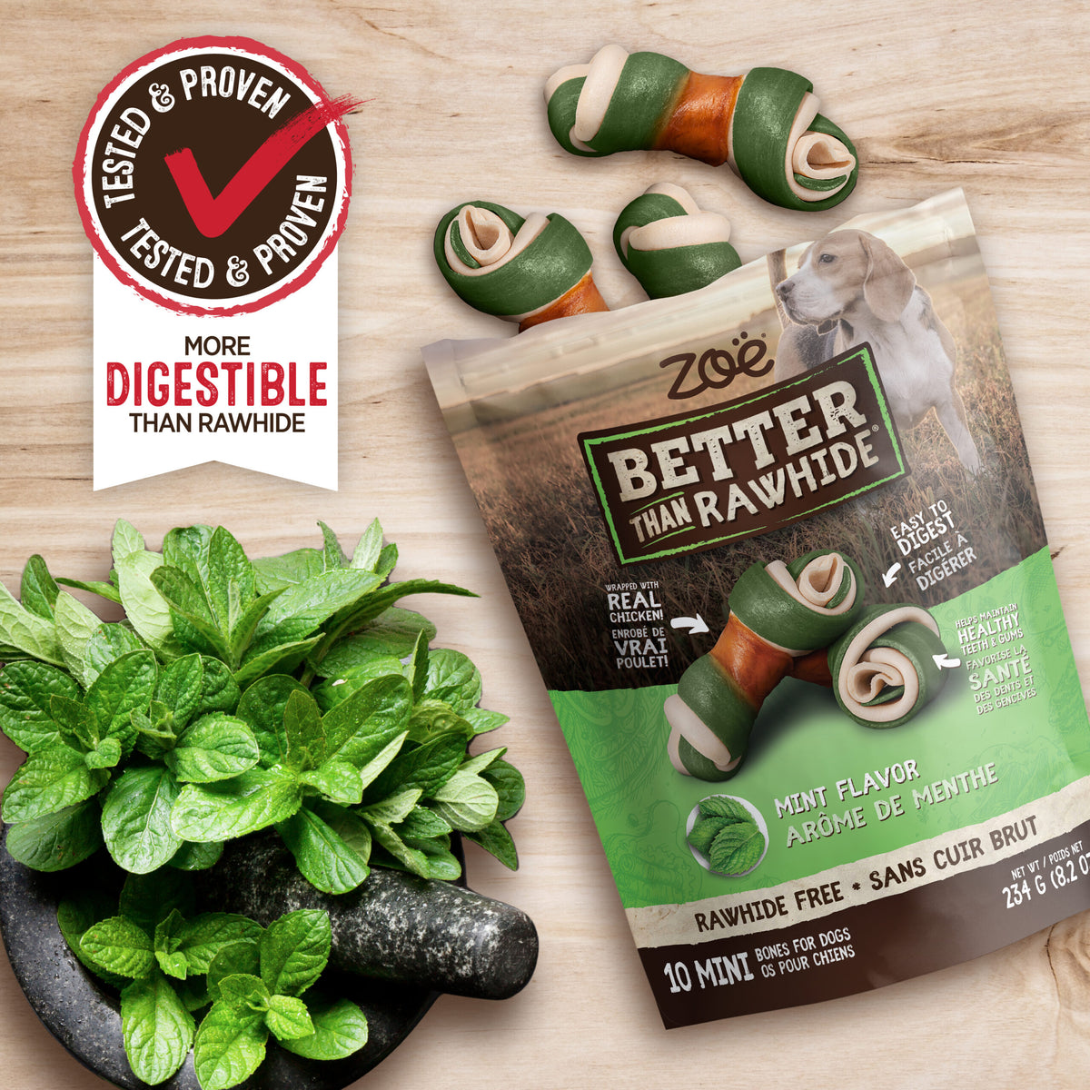 Zoë Gâteries Better Than Rawhide Pour Chien, Os Mini, Arôme de Menthe
