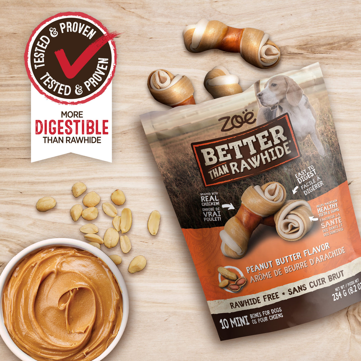 Zoë Gâteries Better Than Rawhide Pour Chien, Os Mini, Arôme de Beurre d'Arachide