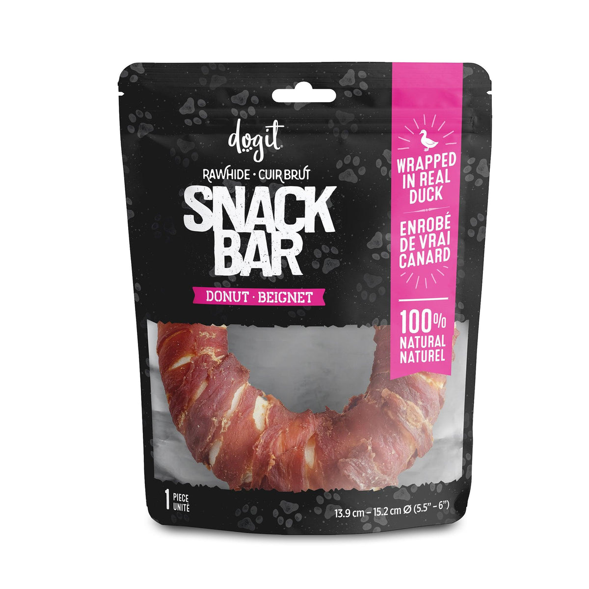 Gâterie Snack Bar Dogit, beignet de cuir brut et canard pour chien