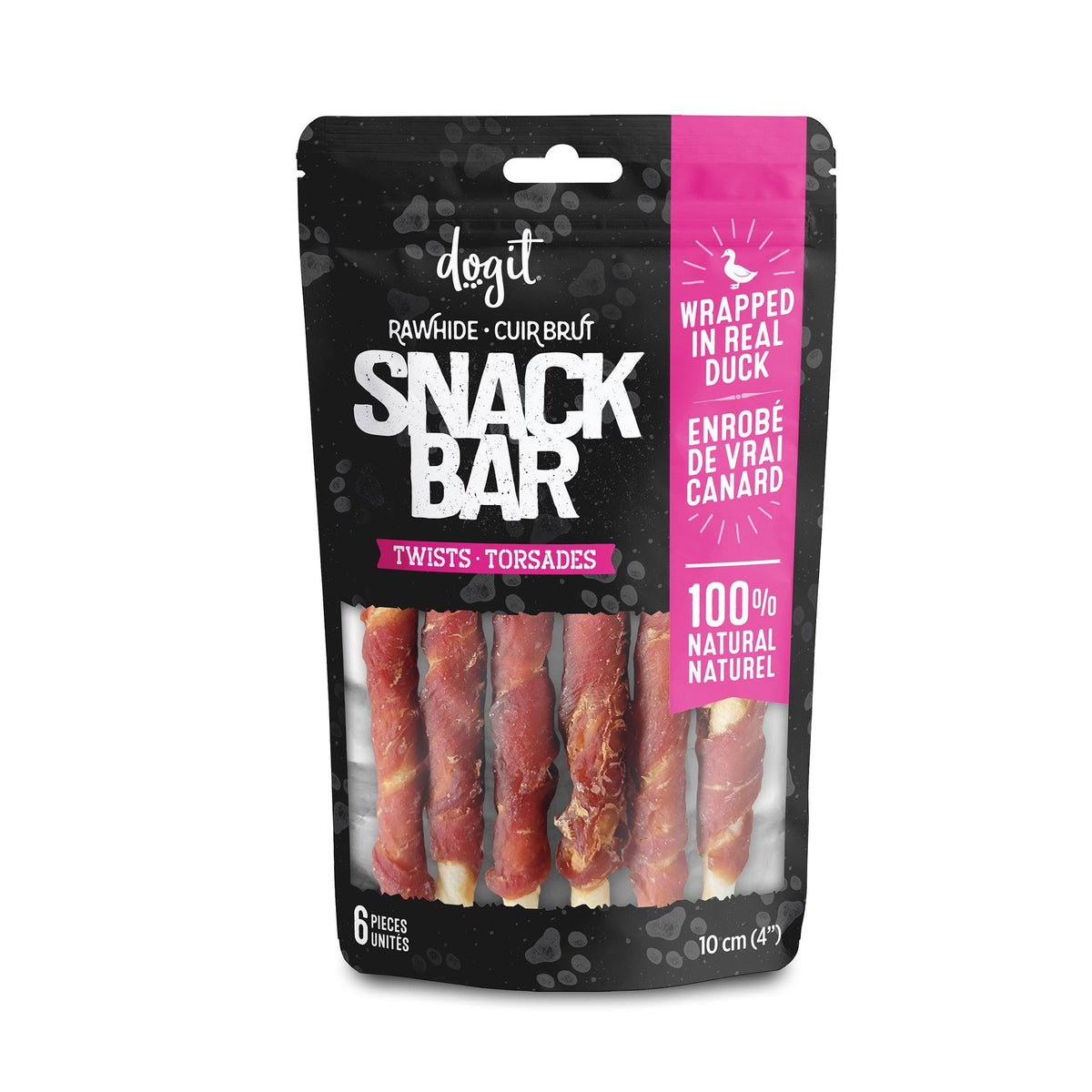 Gâteries Snack Bar Dogit, torsades de cuir brut et canard pour chien