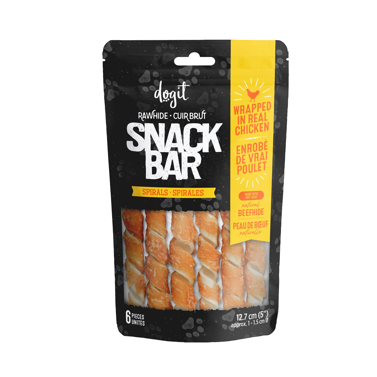 Gâteries Snack Bar Dogit, spirales de peau de bœuf enrobées de poulet pour chien