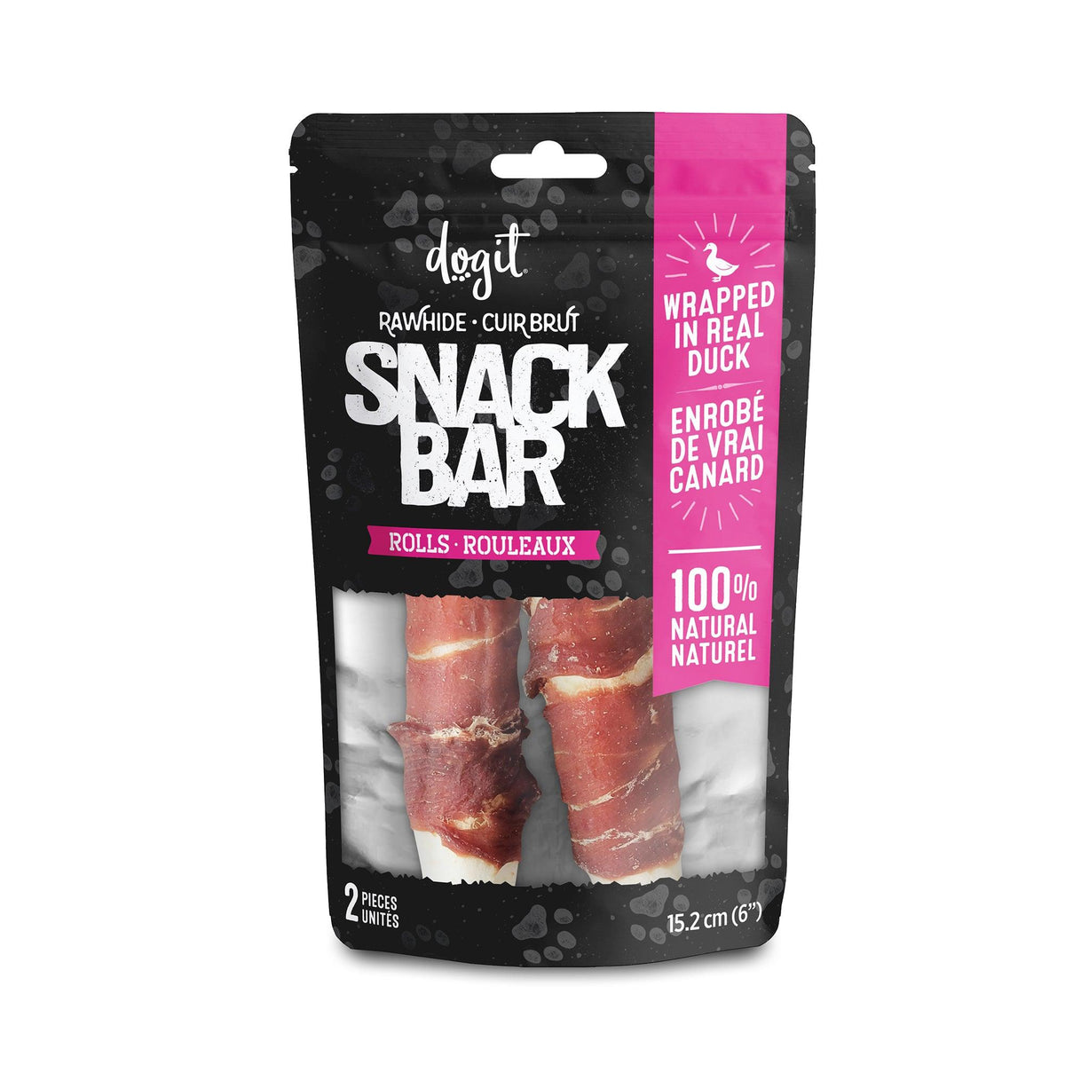 Gâteries Snack Bar Dogit, rouleaux de cuir brut et canard, paquet de 2 pour chien