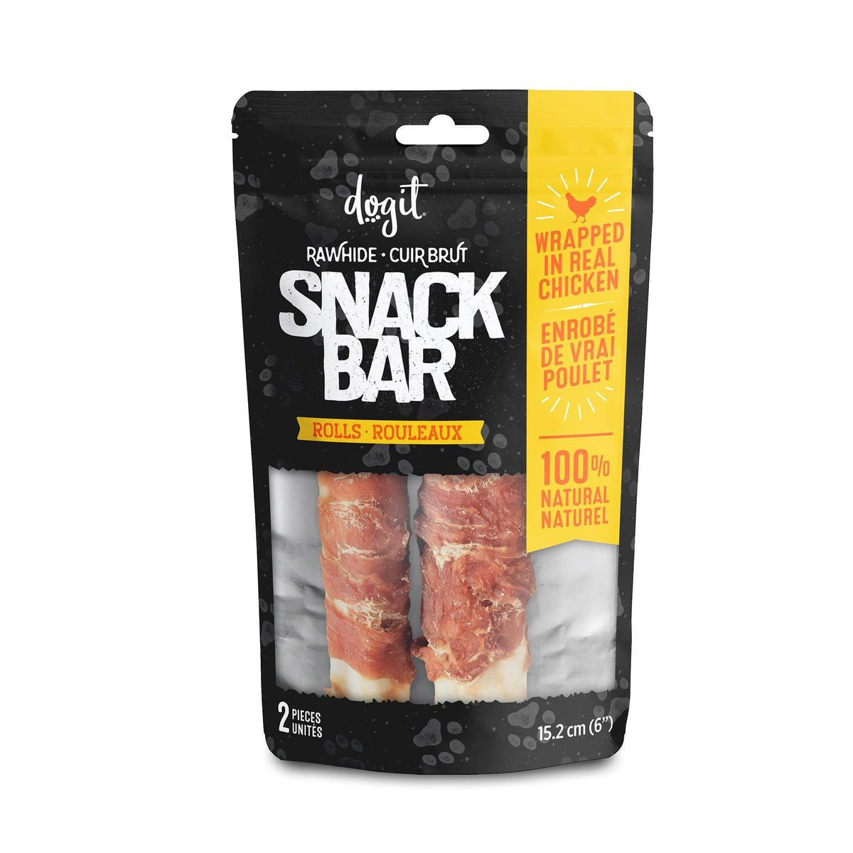 Gâteries Snack Bar Dogit, rouleaux de cuir brut et poulet, paquet de 2 pour chien