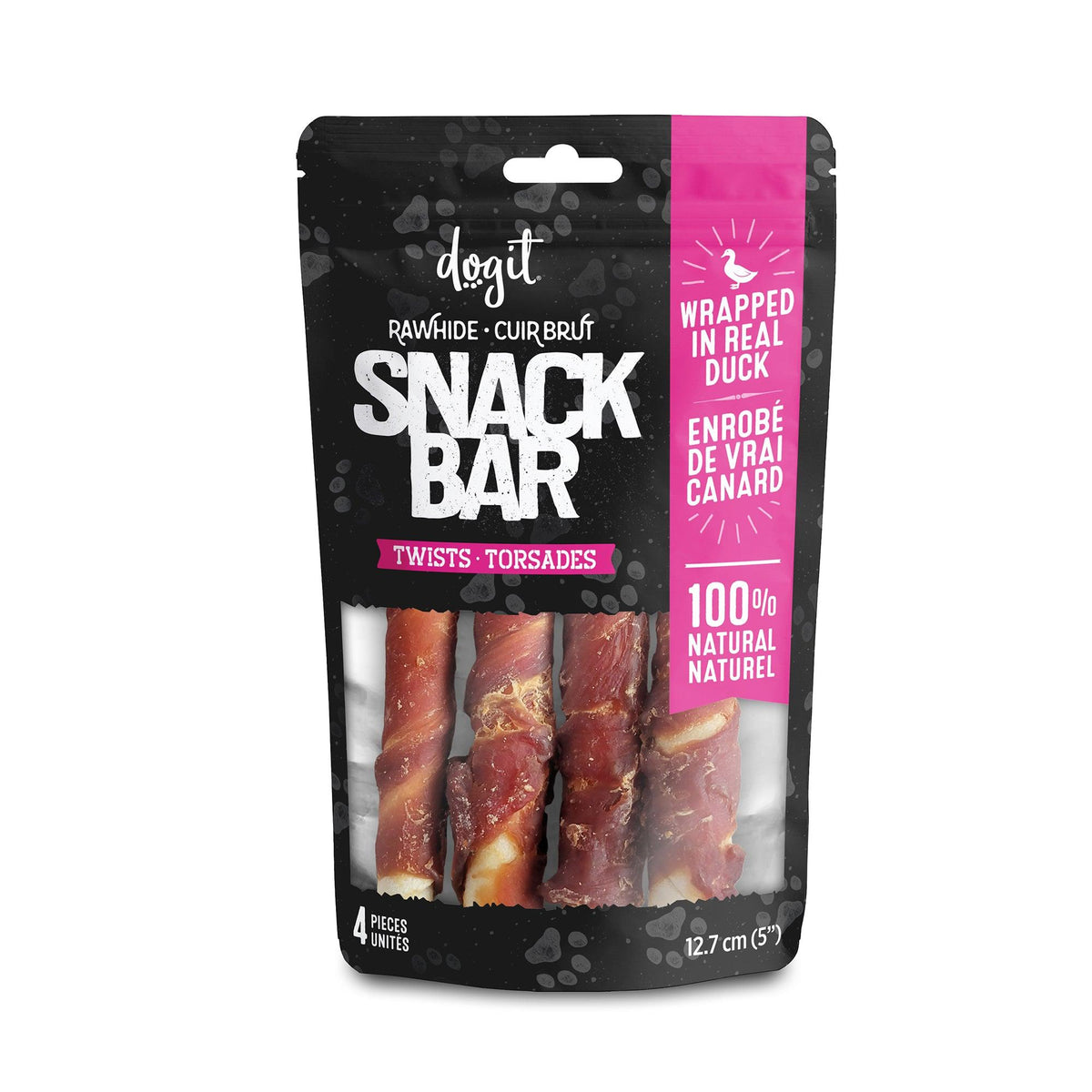 Gâteries Snack Bar Dogit, torsades de cuir brut et canard pour chien