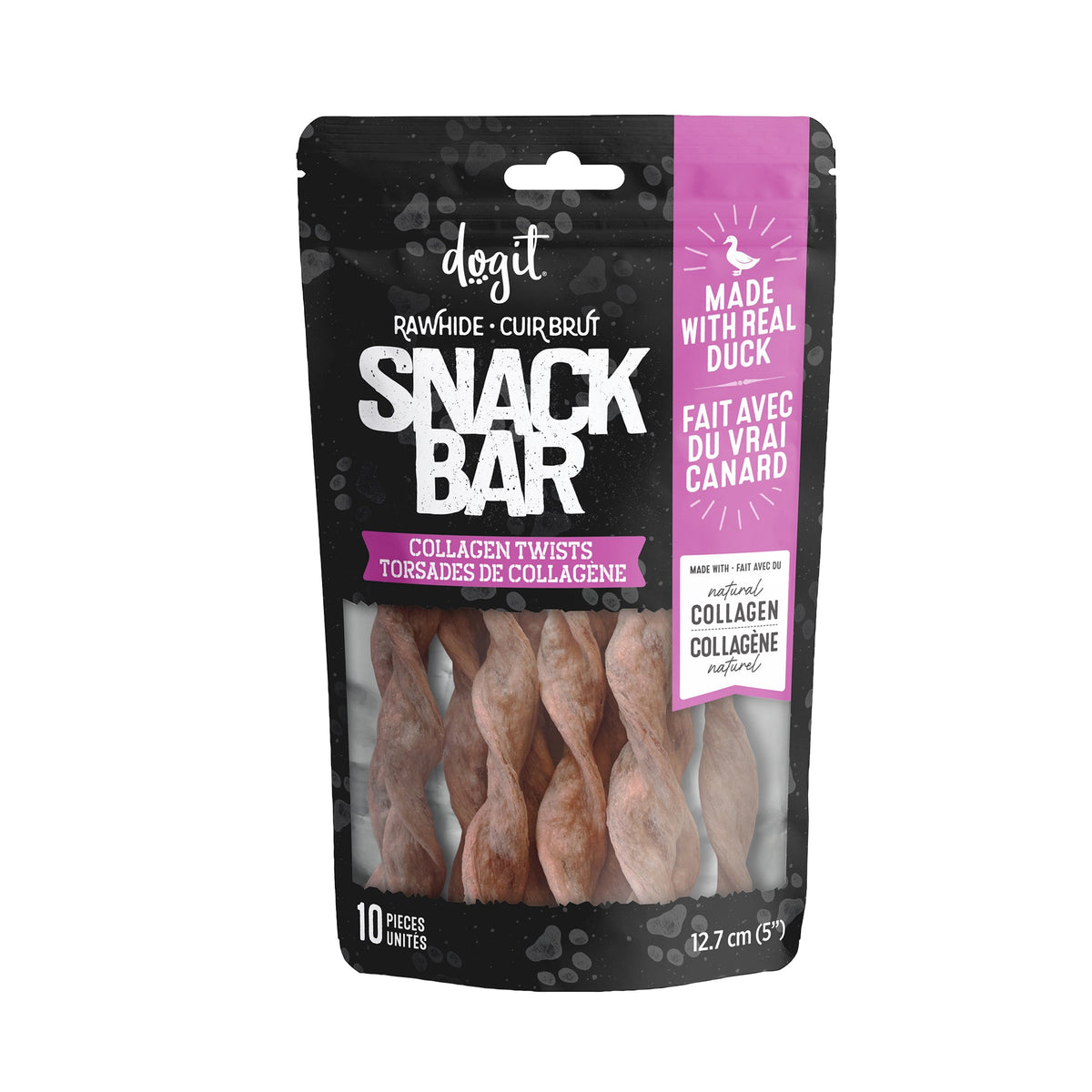 Gâteries Snack Bar Dogit, torsades de collagène au canard, paquet de 10 pour chien
