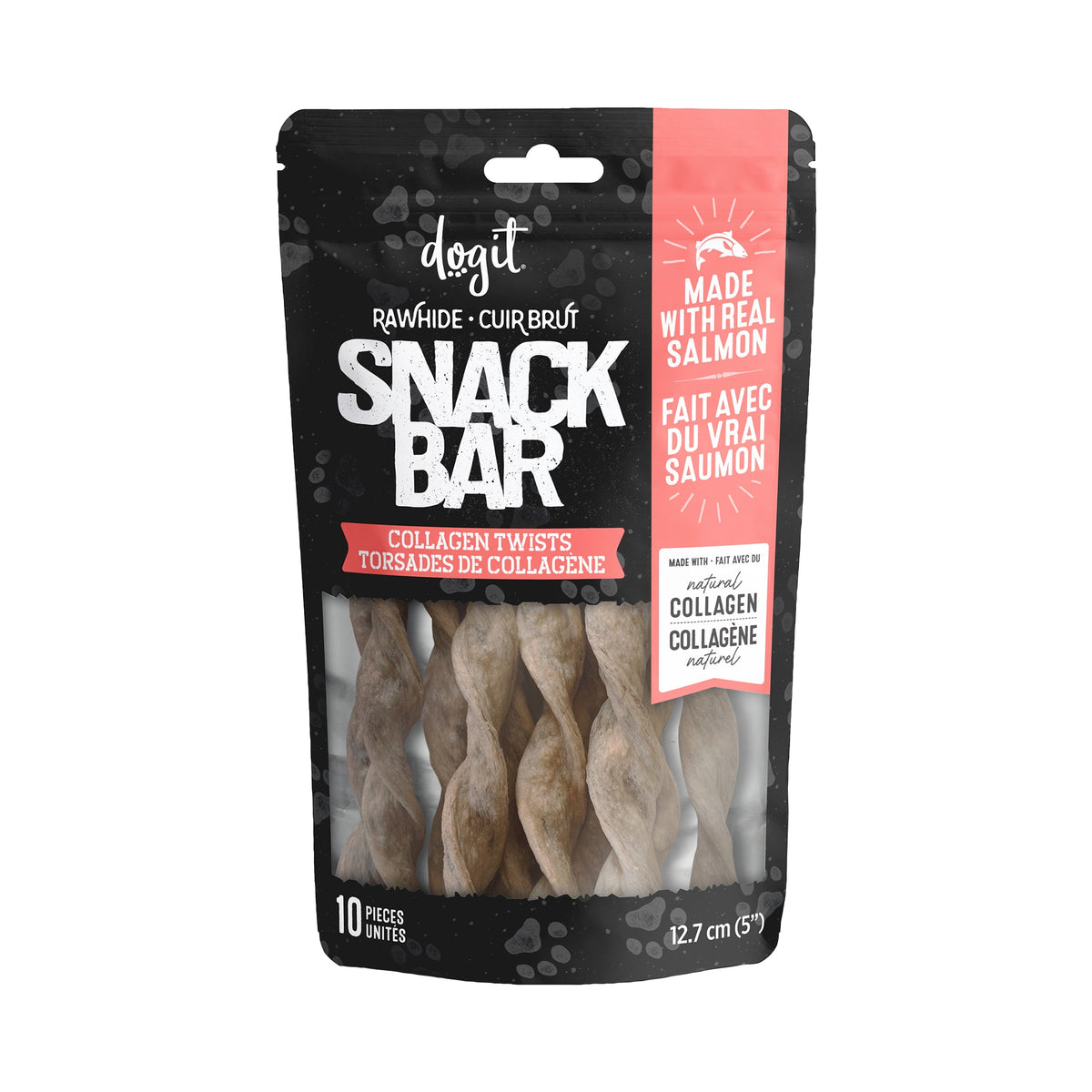 Gâteries Snack Bar Dogit, torsades de collagène au saumon, paquet de 10 pour chien