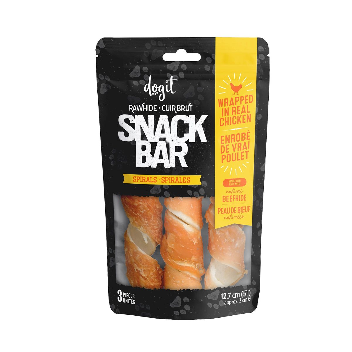 Gâteries Snack Bar Dogit, spirales de peau de bœuf enrobées de poulet pour chien