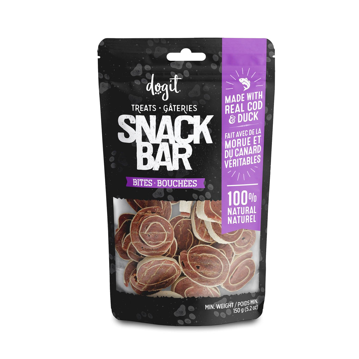 Gâteries Snack Bar Dogit, bouchées de morue et canard pour chien